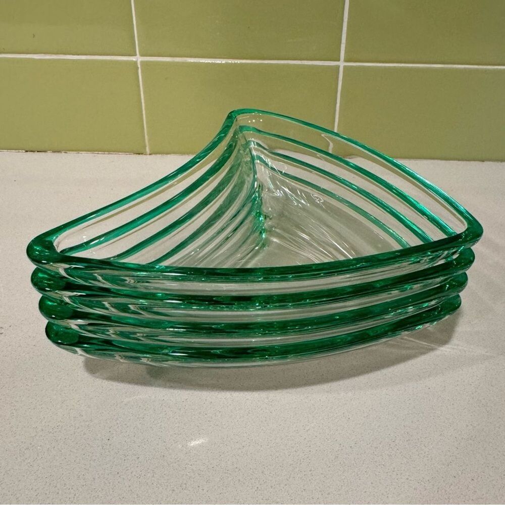 Vintage Green Flashed Edge Boomerang Glass Dishes — Set of 4 - Picture 6 of 9